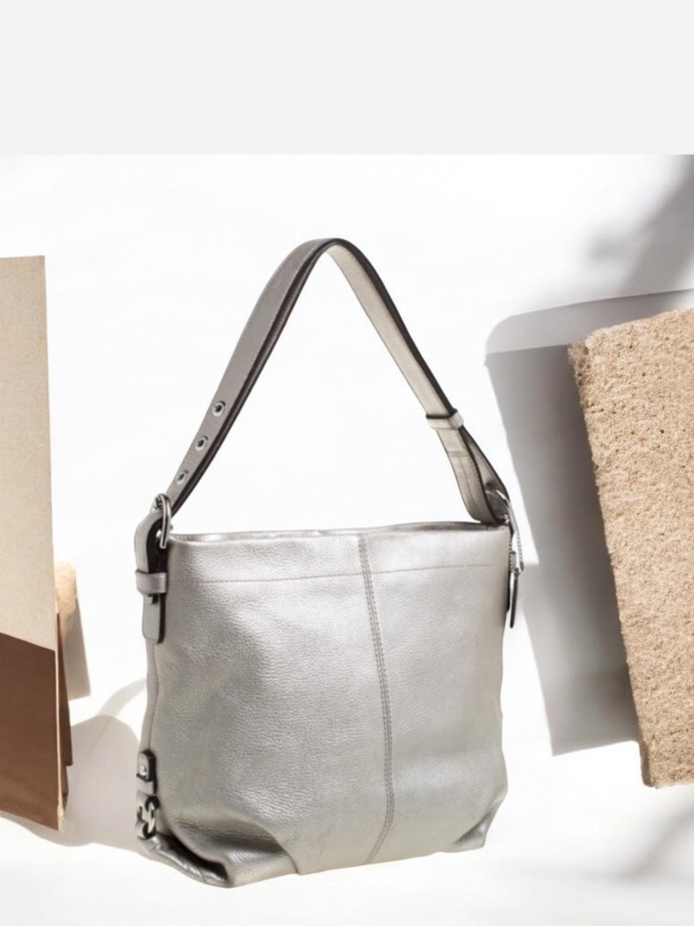 Coach Crossbody Metallic Silver LeatherDuffle Hobo Bag